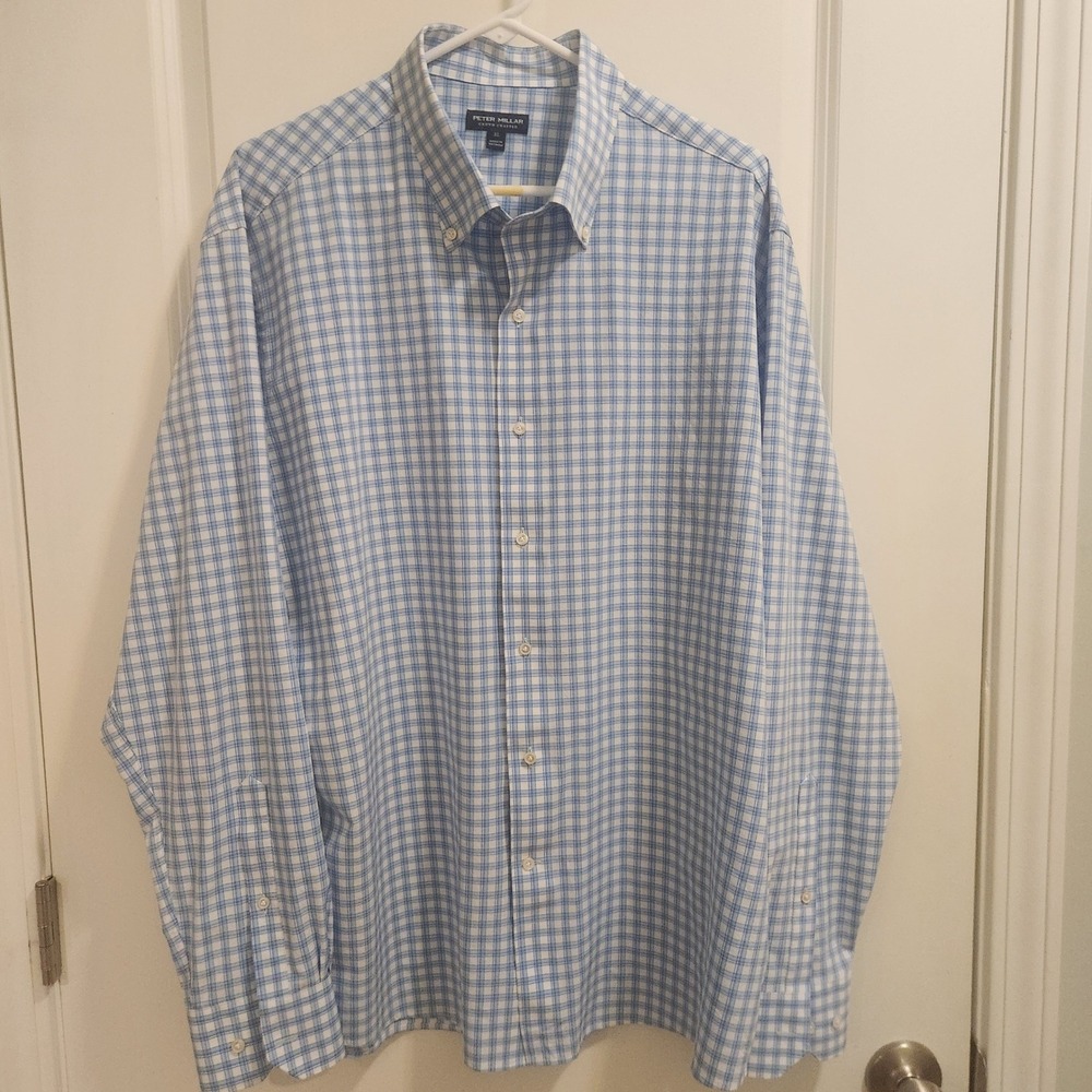 Peter Millar Crown Crafted Mens XL Blue White Plaid Button Down MF23XW02LTDP